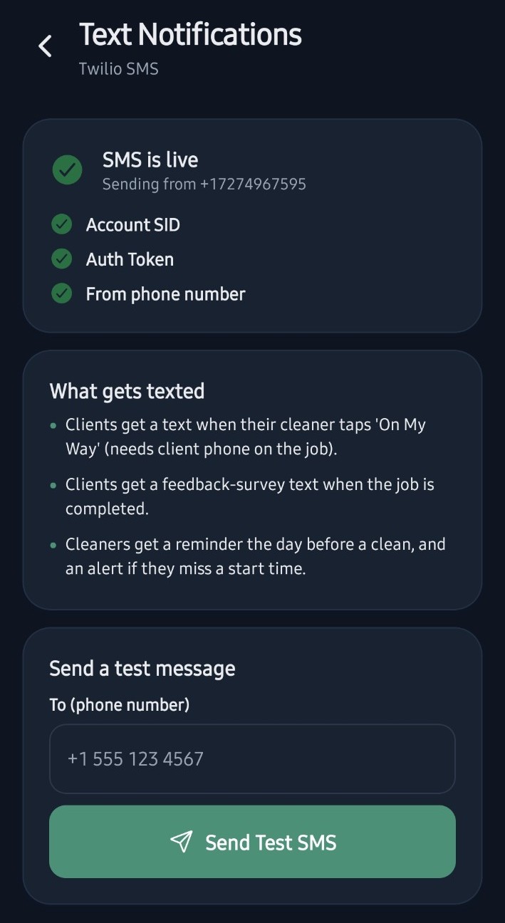 CleanOps SMS notifications